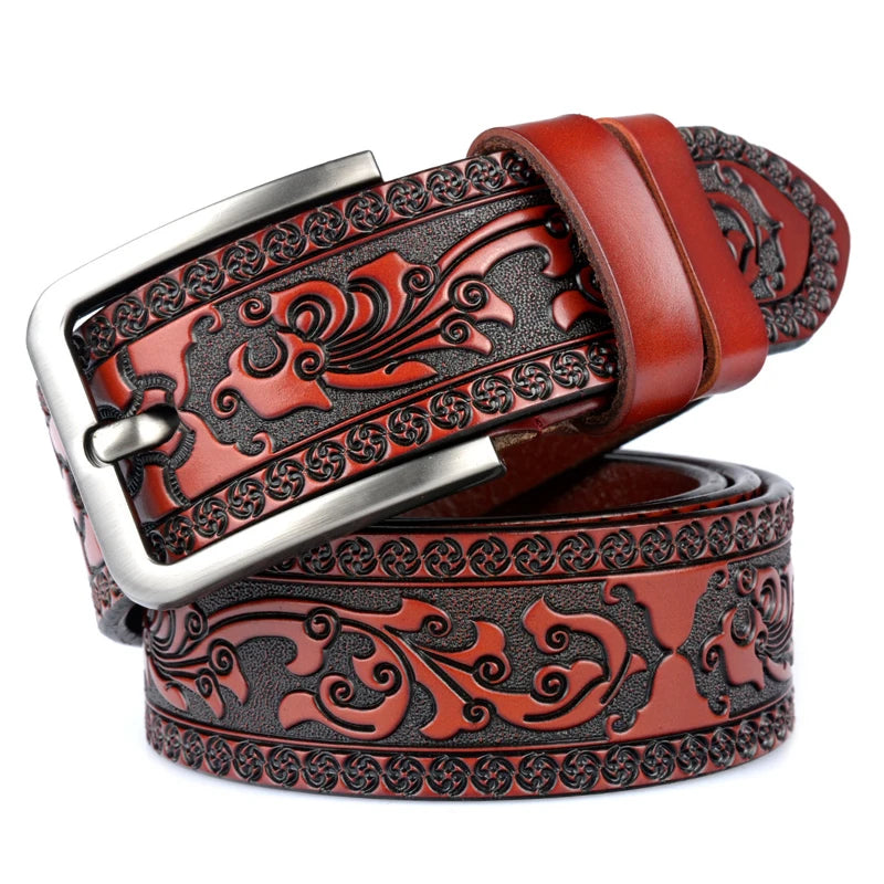 Cinturones Vintage de Cuero Grabado con Hebilla Clásica