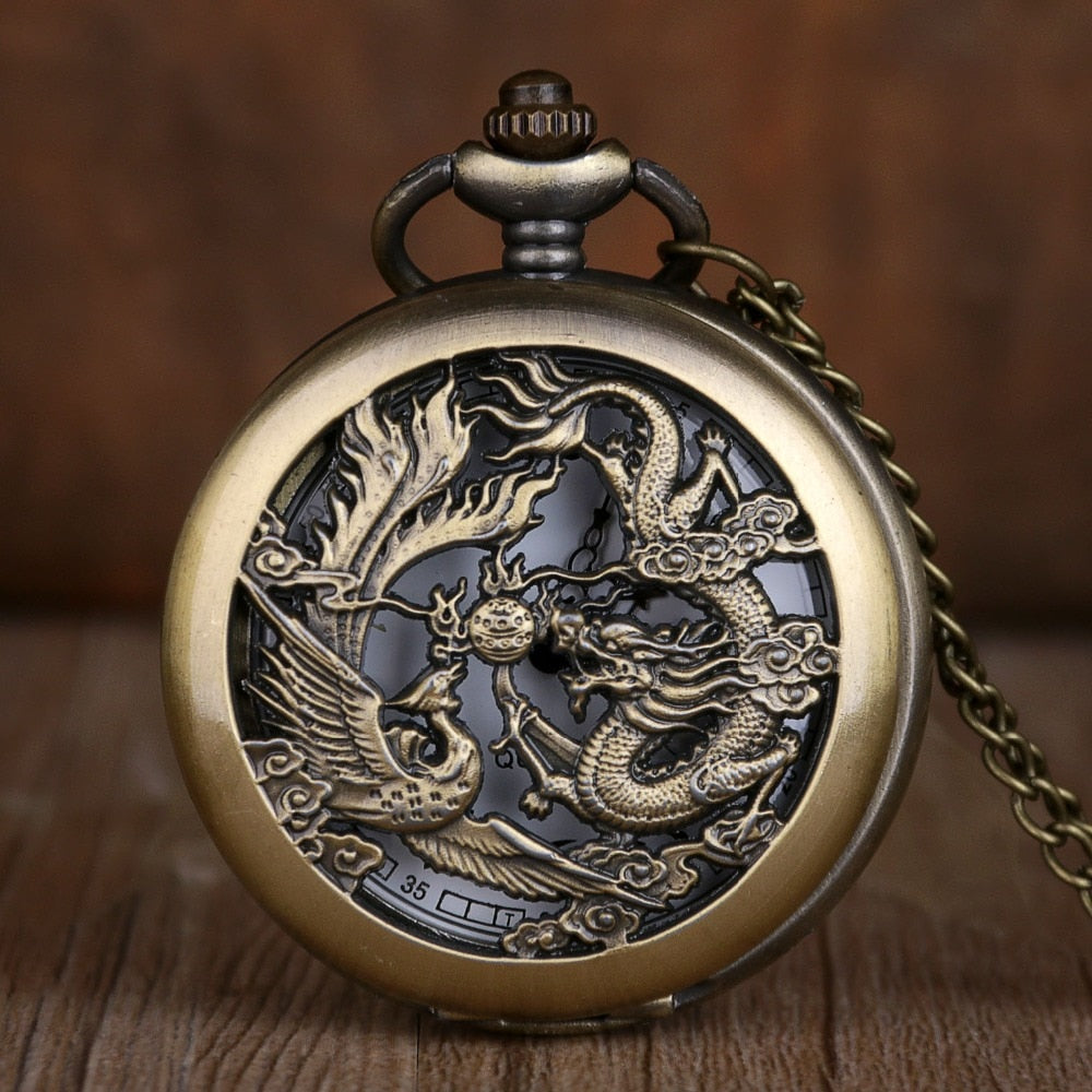 Relojes de Cuarzo de Bolsillo Dragón Vintage con Cadena