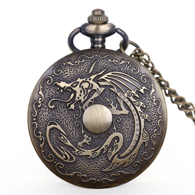 Relojes de Cuarzo de Bolsillo Dragón Vintage con Cadena