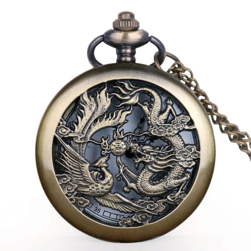 Relojes de Cuarzo de Bolsillo Dragón Vintage con Cadena